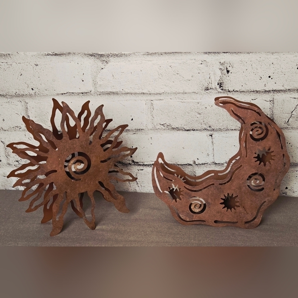 Rustic Sun & Crescent Moon Metal Tealight Holders | Celestial Decor Set
